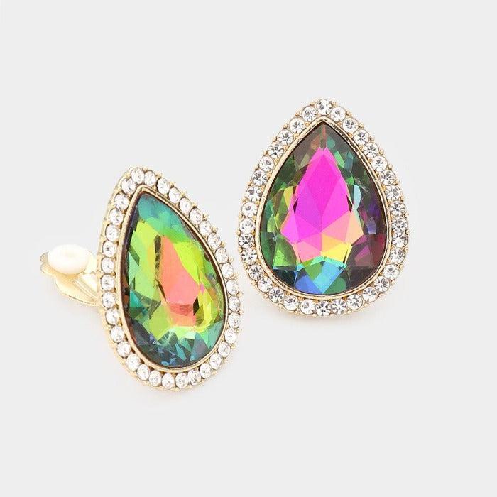Teardrop Vitrail Crystal Rhinestone Clip On Earrings-Earring-SPARKLE ARMAND