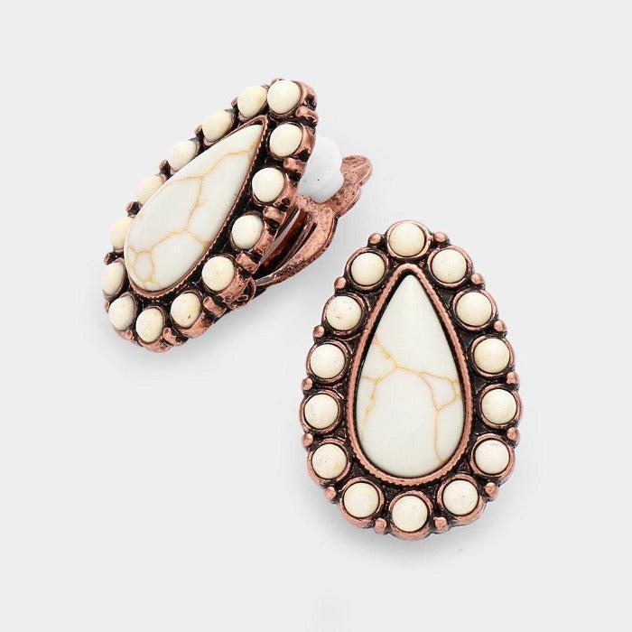 Teardrop White Natural Stone Clip on Earrings by tipi