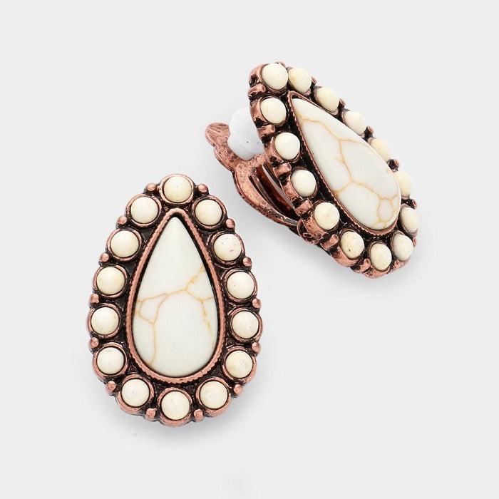 Teardrop White Natural Stone Clip on Earrings by tipi