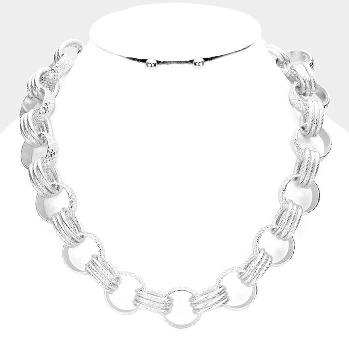 Textured Open Metal Circle Link Silver Necklace Set