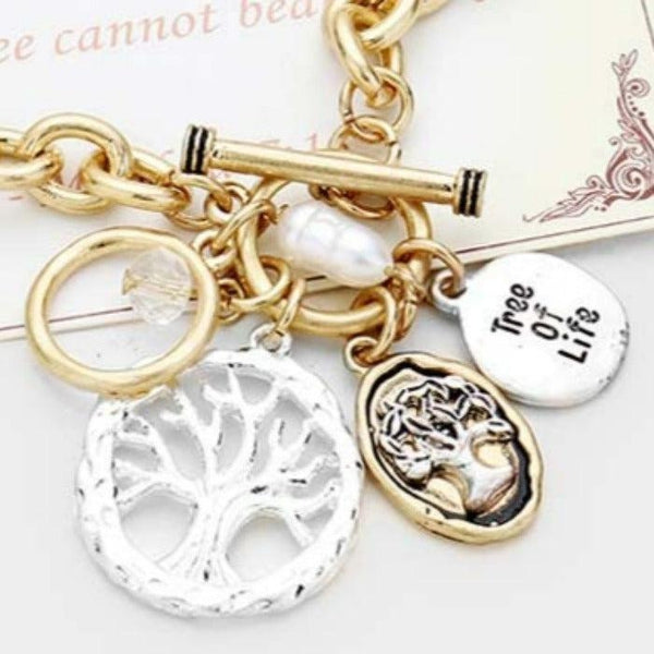 "Tree of Life" Pearl Charm Toggle Link Bracelet