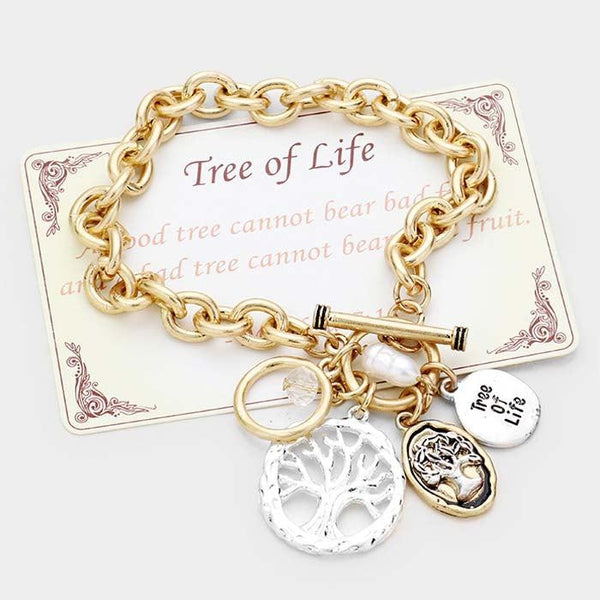 "Tree of Life" Pearl Charm Toggle Link Bracelet