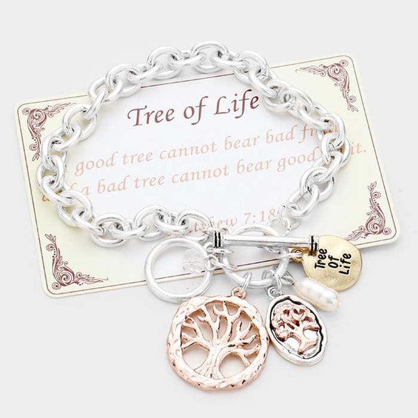 "Tree of Life" Pearl Charm Tri-Tone Toggle Link Bracelet