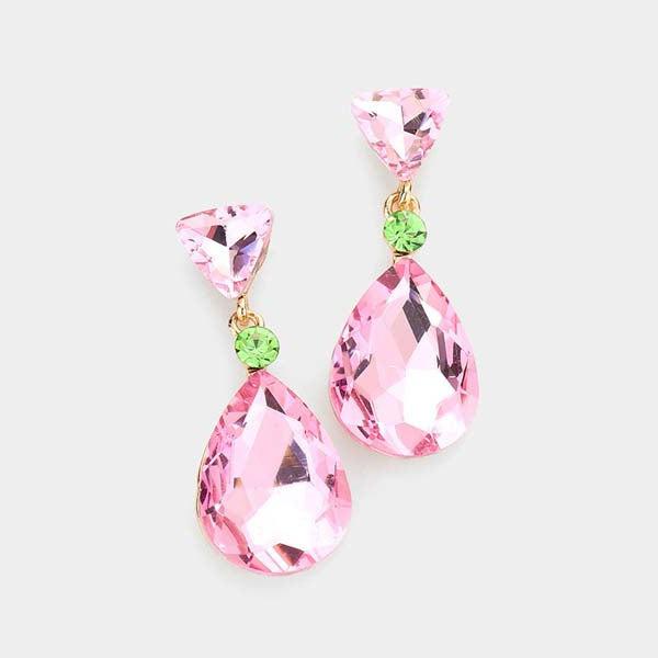 Triangle Round Teardrop Stone Pink and Green Evening Earrings