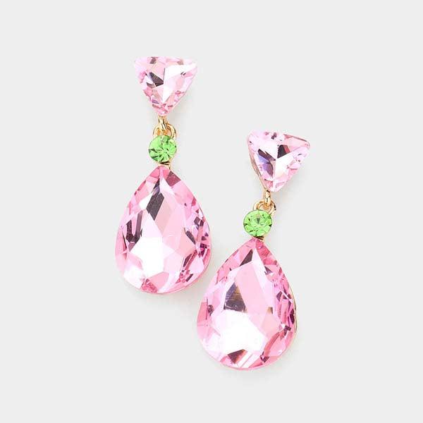 Triangle Round Teardrop Stone Pink and Green Evening Earrings