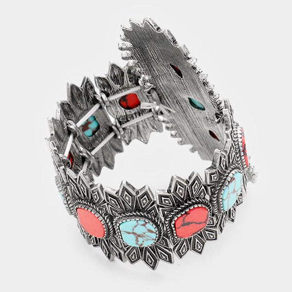 Tribal Red Coral Turquoise Enamel Cluster Stretch Bracelet