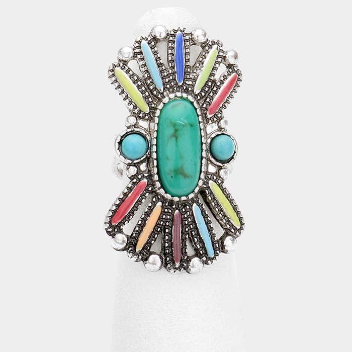 Tribal Round Oval Turquoise Accented Adjustable Ring