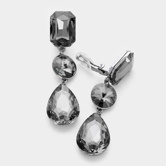 Triple Black Crystal Gunmetal Clip On Earrings
