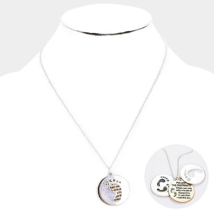 Triple Circle Abalone Message Footprint Pendant Necklace