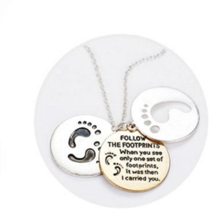 Triple Circle Abalone Message Footprint Pendant Necklace