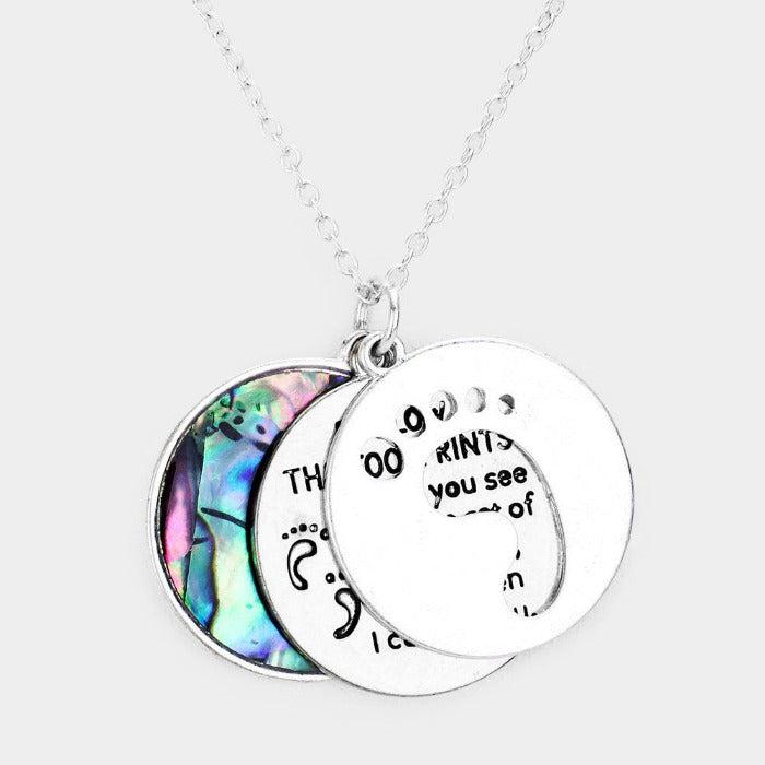 Triple Circle Abalone Message Footprint Worn Silver Pendant Necklace