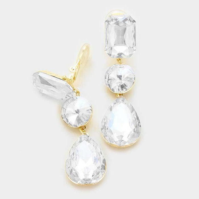 Triple Clear Crystal Gold Clip On Earrings