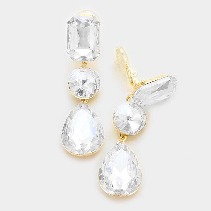 Triple Clear Crystal Gold Clip On Earrings