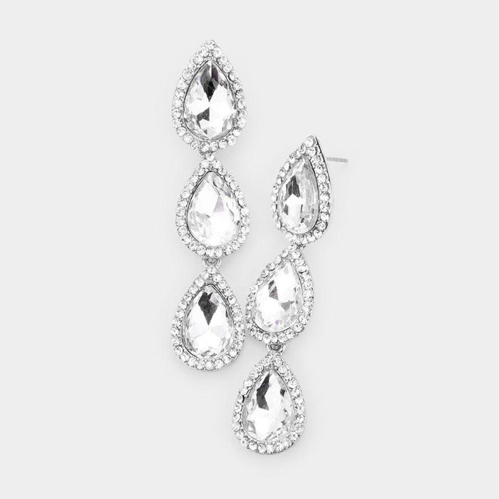 Clear Crystal Triple Teardrop Silver Earrings