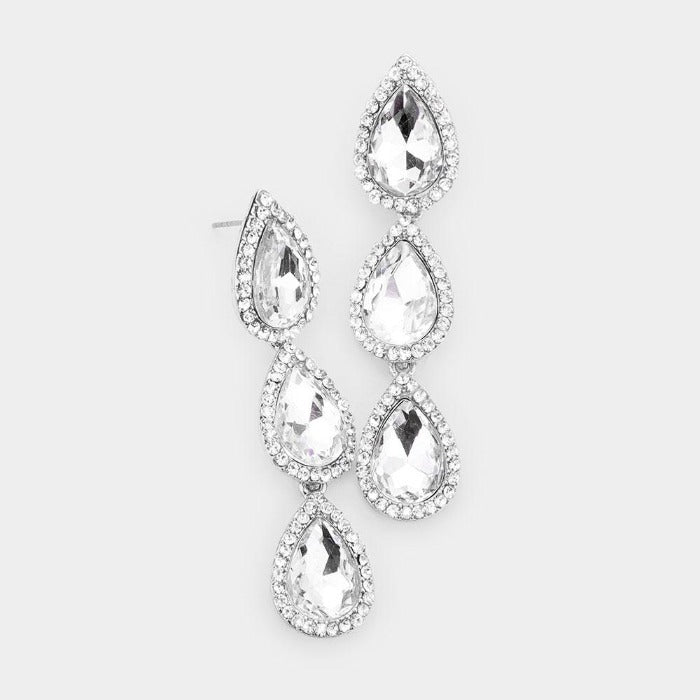 Clear Crystal Triple Teardrop Silver Earrings