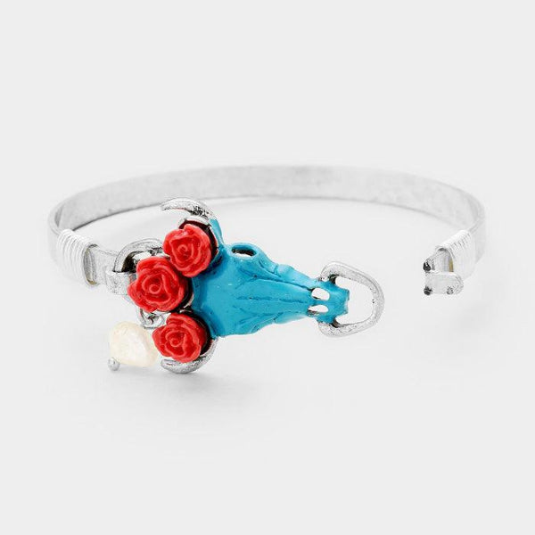 Triple Flower Steer Head Turquoise Hook Bracelet