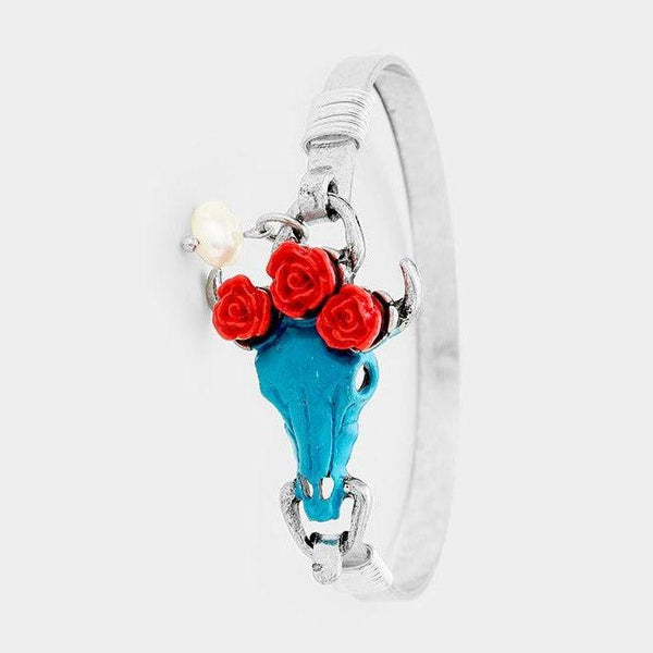Triple Flower Steer Head Turquoise Hook Bracelet