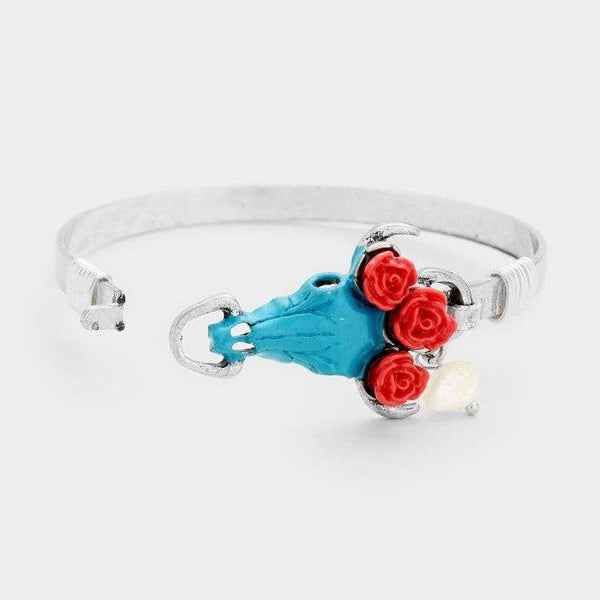 Triple Flower Steer Head Turquoise Hook Bracelet