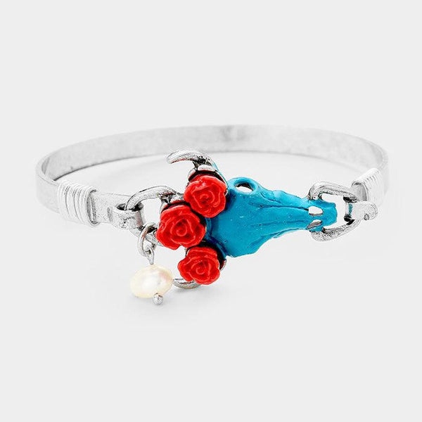 Triple Flower Steer Head Turquoise Hook Bracelet