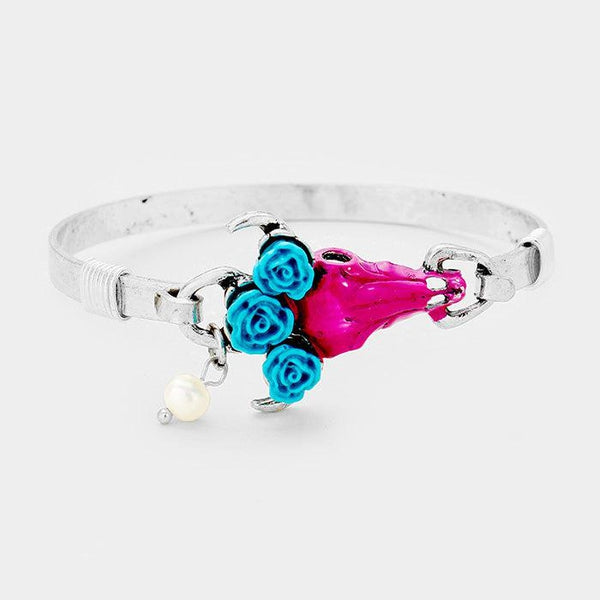 Triple Flower Steer Head Turquoise Hook Bracelet