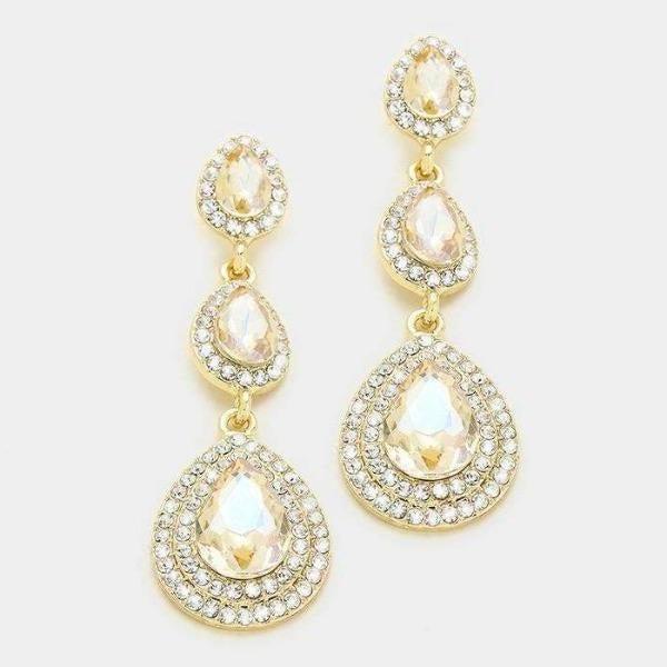Triple Glass Crystal Faux Topaz Gold Earrings