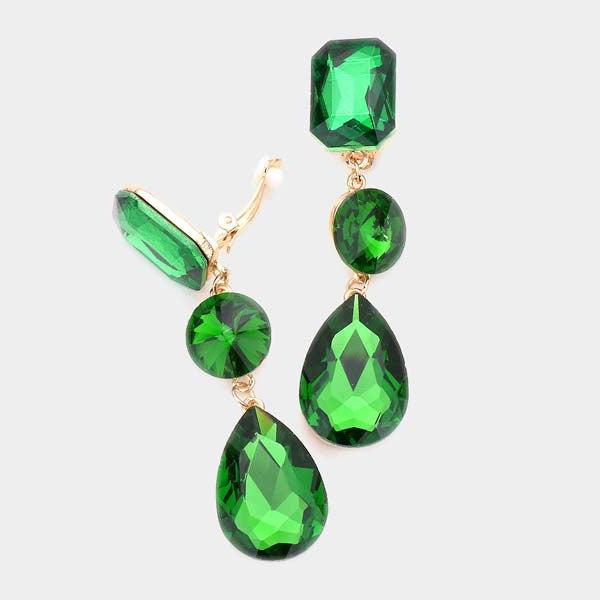 Triple Green Crystal Clip On Earrings