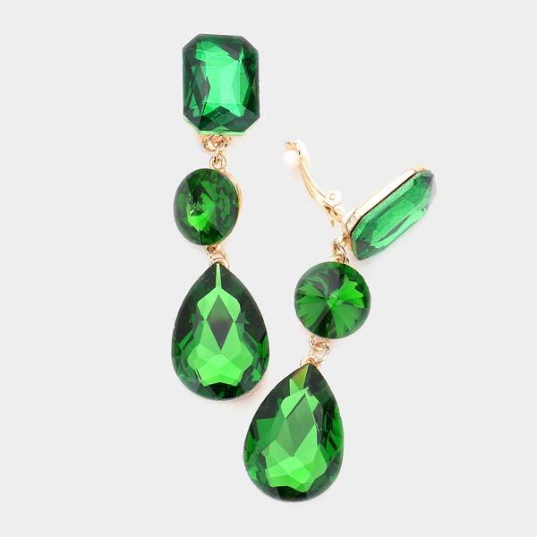 Triple Green Crystal Clip On Earrings