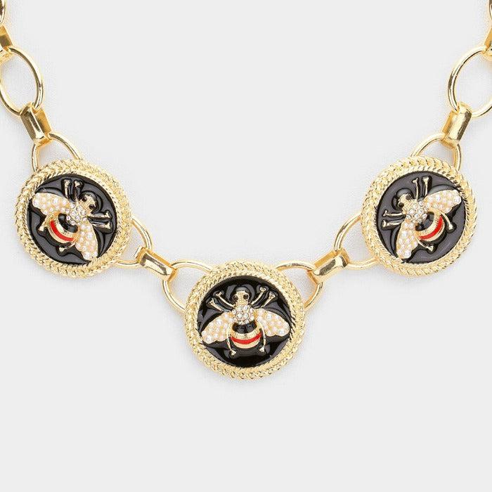 Triple Honey Bee Pearl Accented Enamel Chain Necklace Set