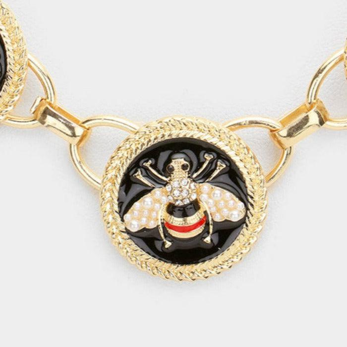 Triple Honey Bee Pearl Accented Enamel Chain Necklace Set