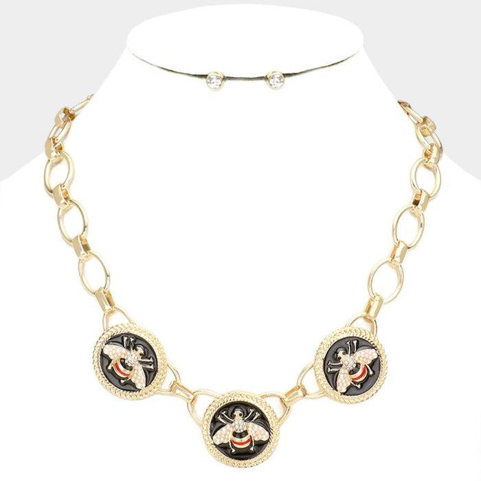 Triple Honey Bee Pearl Accented Enamel Chain Necklace Set