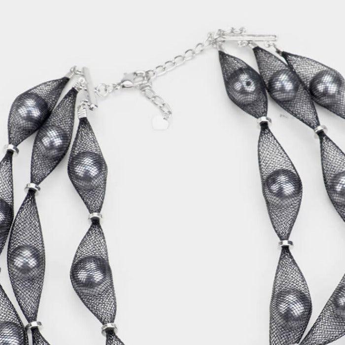Triple Mesh Black Tube Gray Pearl Collar Necklace Set
