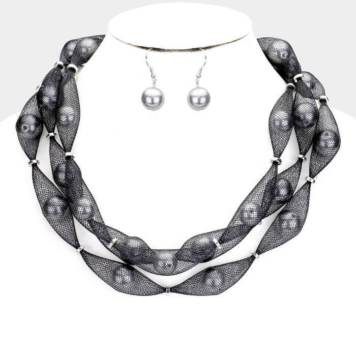 Triple Mesh Black Tube Gray Pearl Collar Necklace Set