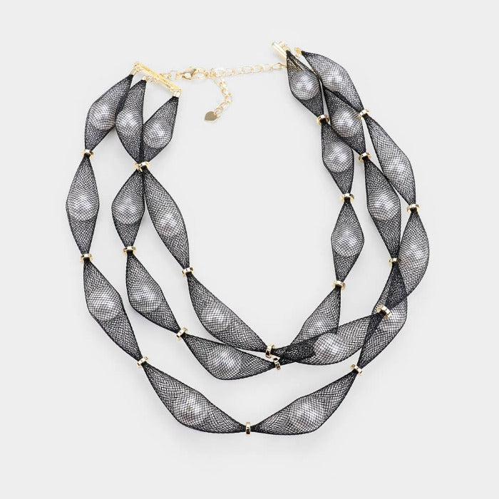 Triple Mesh Black Tube White Pearl Collar Necklace Set