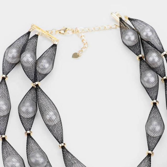 Triple Mesh Black Tube White Pearl Collar Necklace Set