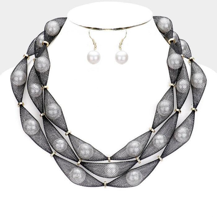 Triple Mesh Black Tube White Pearl Collar Necklace Set