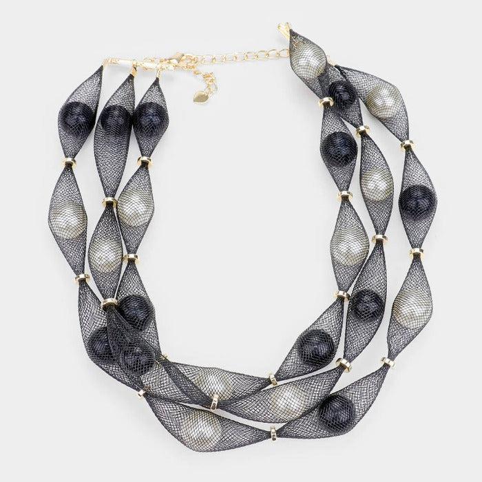 Triple Mesh Tube Black & Cream Pearl Collar Necklace Set