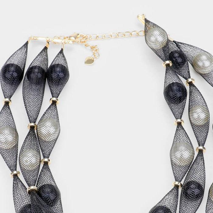 Triple Mesh Tube Black & Cream Pearl Collar Necklace Set