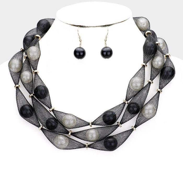 Triple Mesh Tube Black & Cream Pearl Collar Necklace Set