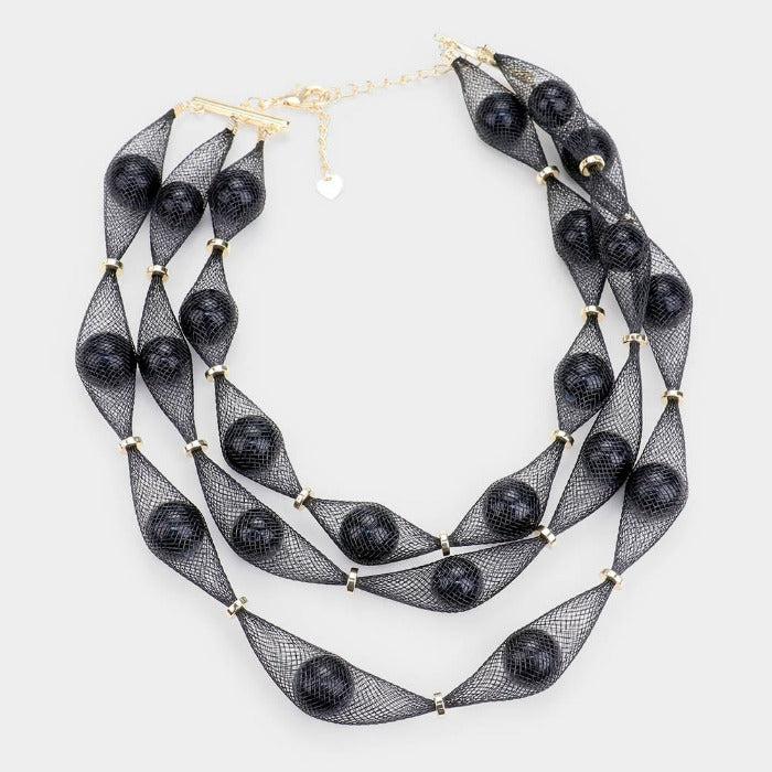 Triple Mesh Tube Black Pearl Collar Necklace Set