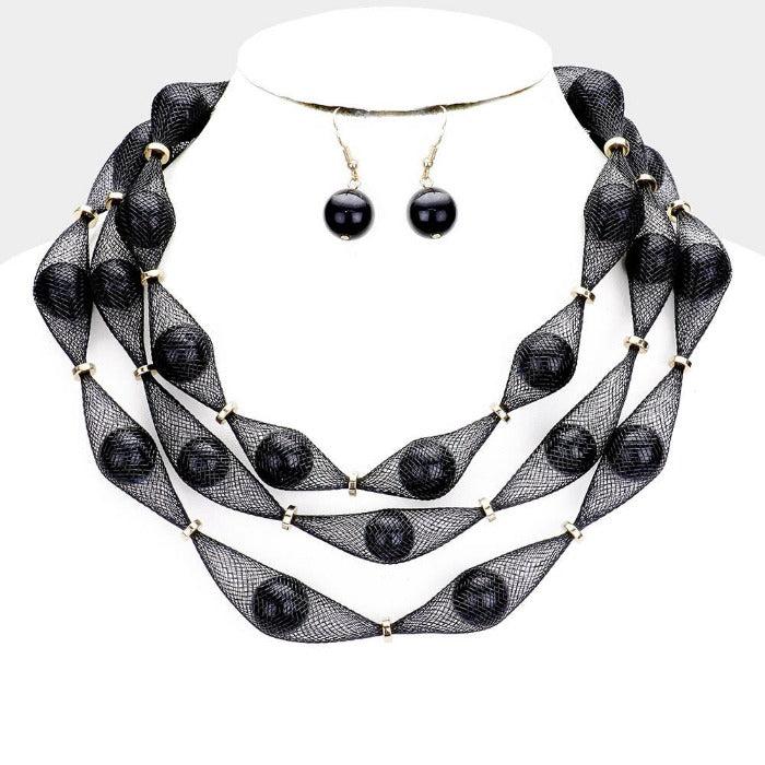 Triple Mesh Tube Black Pearl Collar Necklace Set
