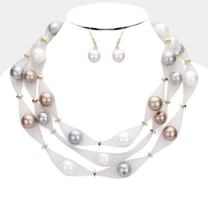 Triple Mesh Tube Brown, Gray, White Pearl Collar Necklace Set