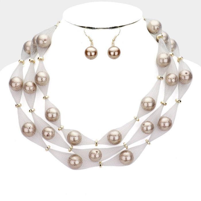 Triple Mesh Tube Brown Pearl Collar Necklace Set