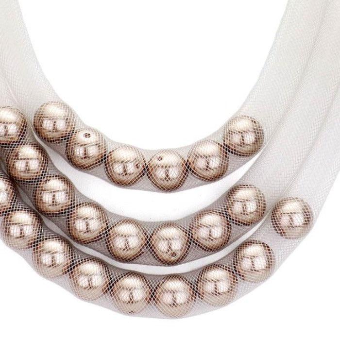 Triple Mesh White Tube Brown Pearl Necklace Set