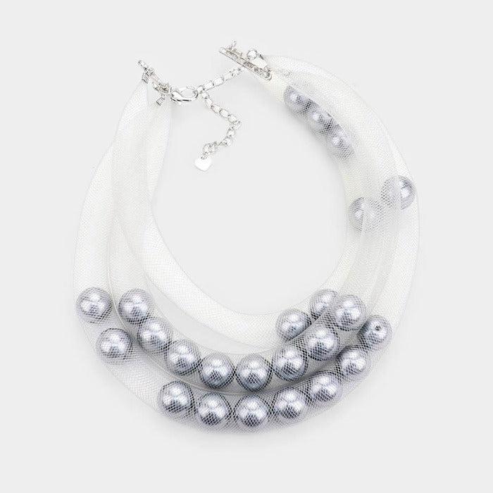 Triple Mesh White Tube Gray Pearl Necklace Set