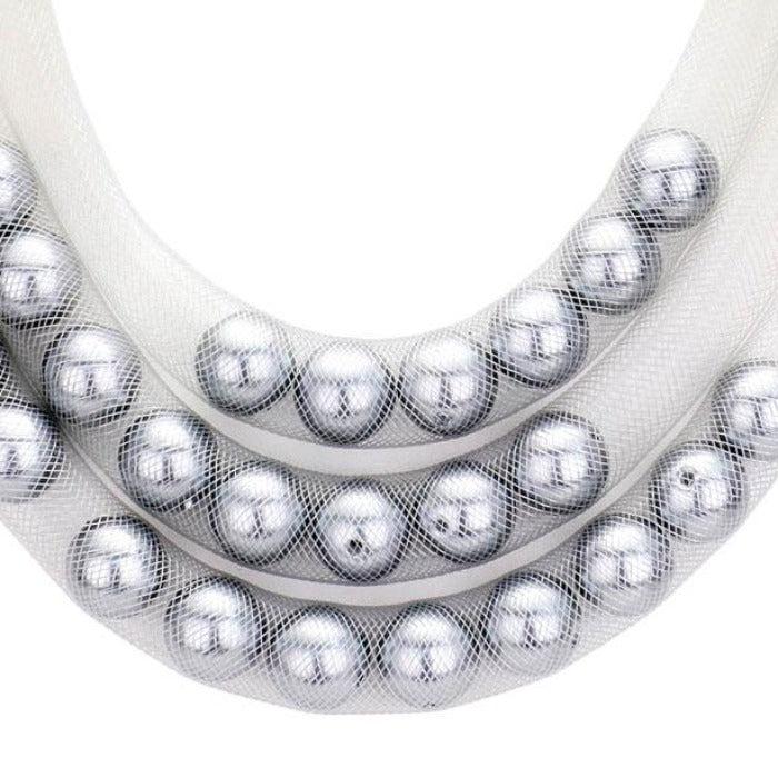 Triple Mesh White Tube Gray Pearl Necklace Set