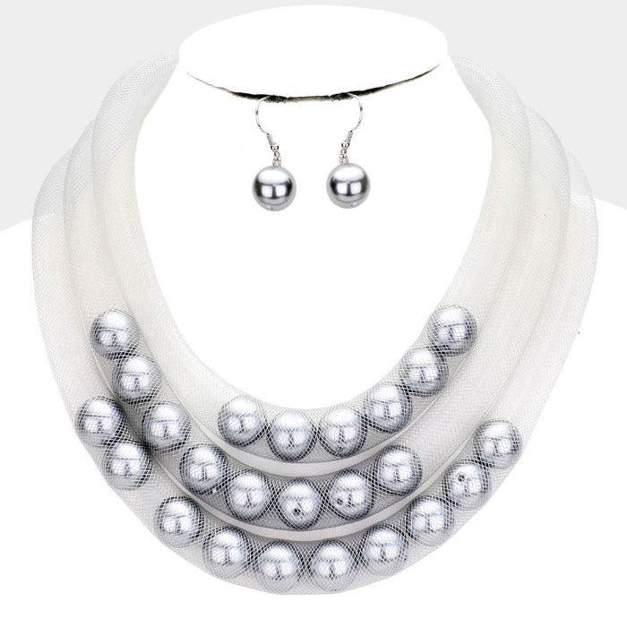 Triple Mesh White Tube Gray Pearl Necklace Set