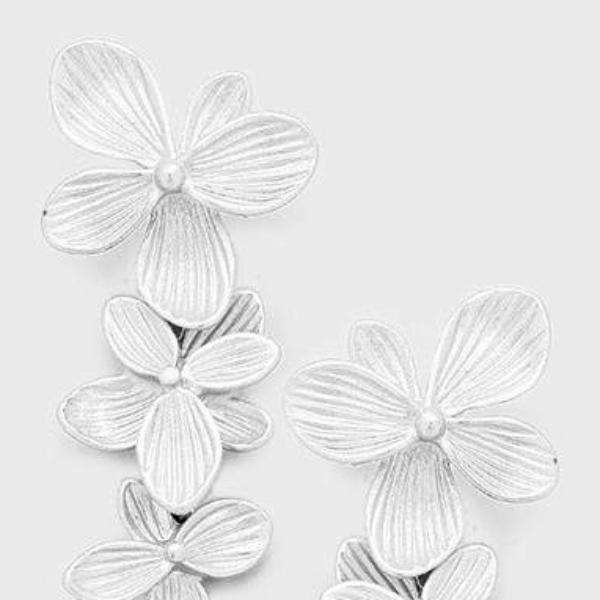 Triple Metal Flower Matte Silver Tone Earrings