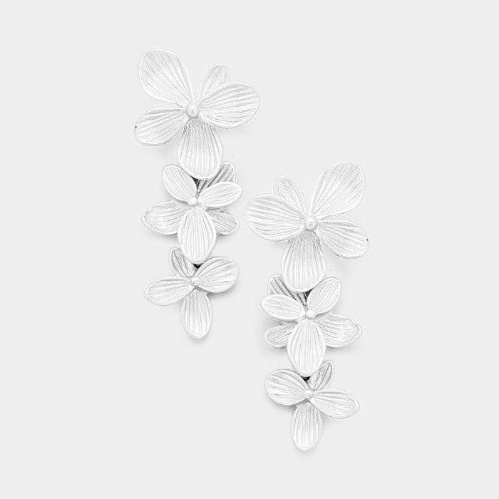 Triple Metal Flower Matte Silver Tone Earrings-Earring-SPARKLE ARMAND