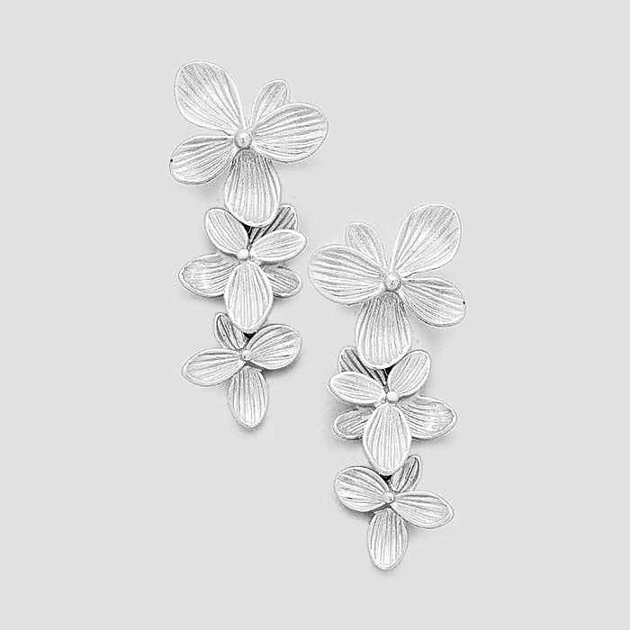 Triple Metal Flower Matte Silver Tone Earrings