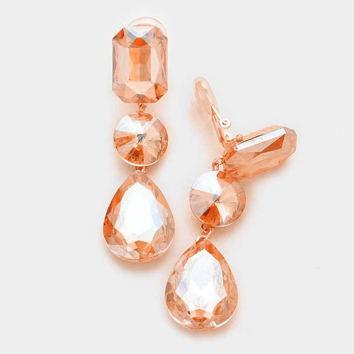 Triple Peach Crystal Rose Gold Clip On Earrings